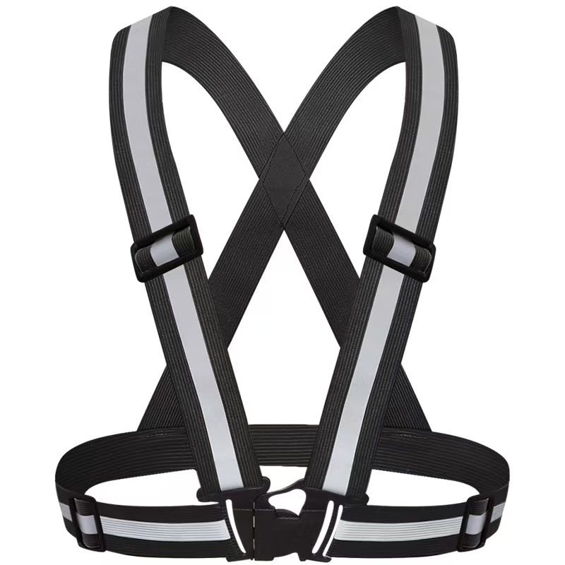 Black Adjustable Reflective Safety Vest - High Visibility Elastic Straps for Night Running, Cycling & Construction, Lightweight Polyester Reflective Harness for Adults