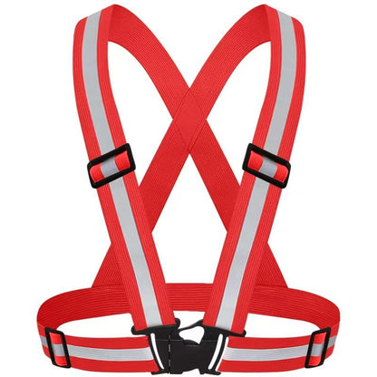 Red Adjustable Reflective Safety Vest - High Visibility Elastic Straps for Night Running, Cycling & Construction, Lightweight Polyester Reflective Harness for Adults