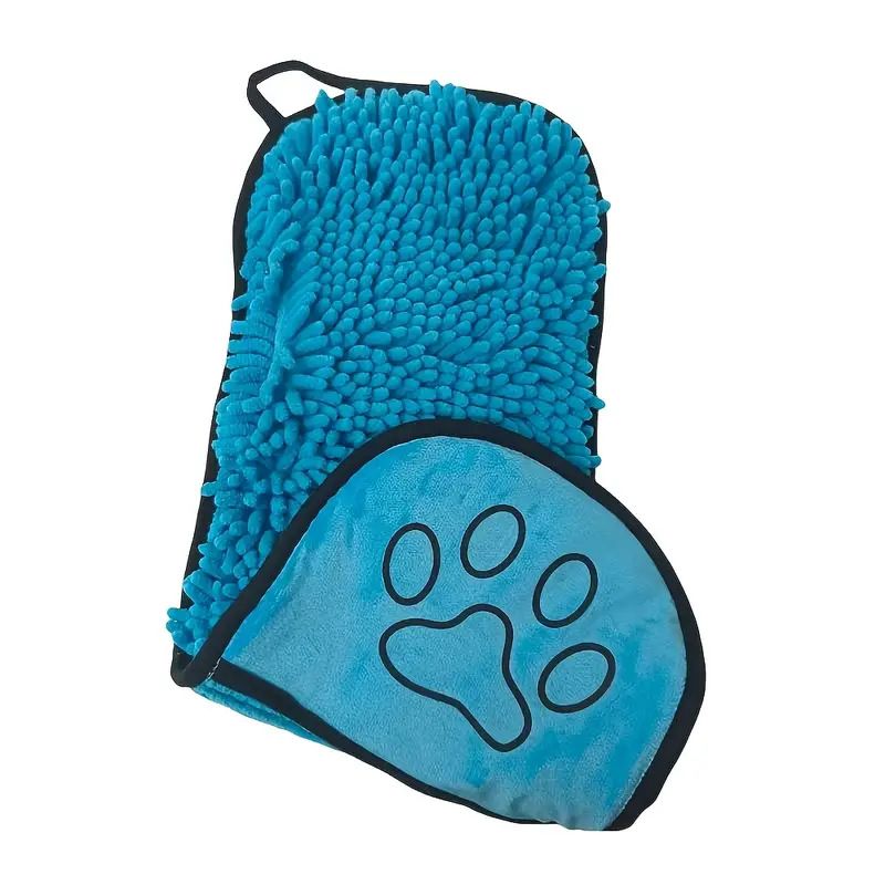 Blue Chenille Pet Drying Towel with Dual Hand Pockets - Ultra Absorbent, Quick Dry, Soft Microfiber, Durable Stitching - for Dogs and Cats Bathing, Grooming, Travel