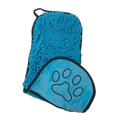 Blue Chenille Pet Drying Towel with Dual Hand Pockets - Ultra Absorbent, Quick Dry, Soft Microfiber, Durable Stitching - for Dogs and Cats Bathing, Grooming, Travel