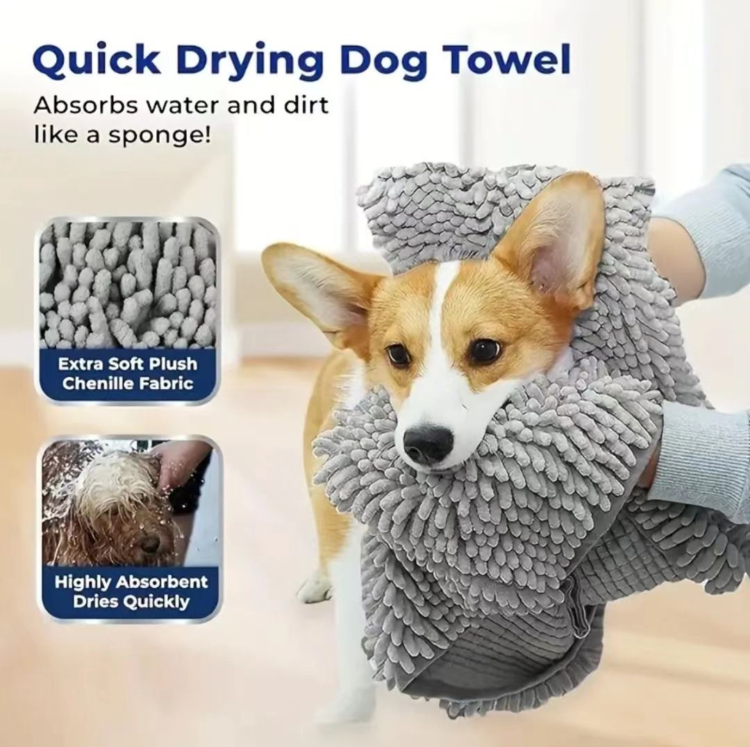 Blue Chenille Pet Drying Towel with Dual Hand Pockets - Ultra Absorbent, Quick Dry, Soft Microfiber, Durable Stitching - for Dogs and Cats Bathing, Grooming, Travel