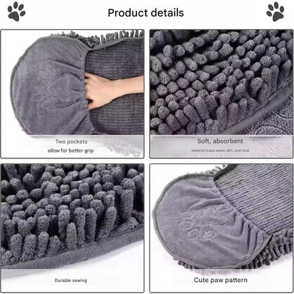 Blue Chenille Pet Drying Towel with Dual Hand Pockets - Ultra Absorbent, Quick Dry, Soft Microfiber, Durable Stitching - for Dogs and Cats Bathing, Grooming, Travel