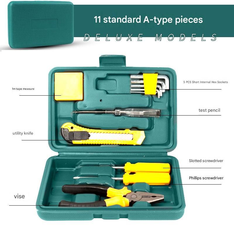 Green 11 Piece Set -Multi-Purpose Home & Car Tool Kit -  Durable Blow-Molded Case, Utility Knife, Tape Measure, Pliers, Hammer, Screwdrivers, Allen Keys - Compact Emergency Repair Set for DIY and Auto Maintenance