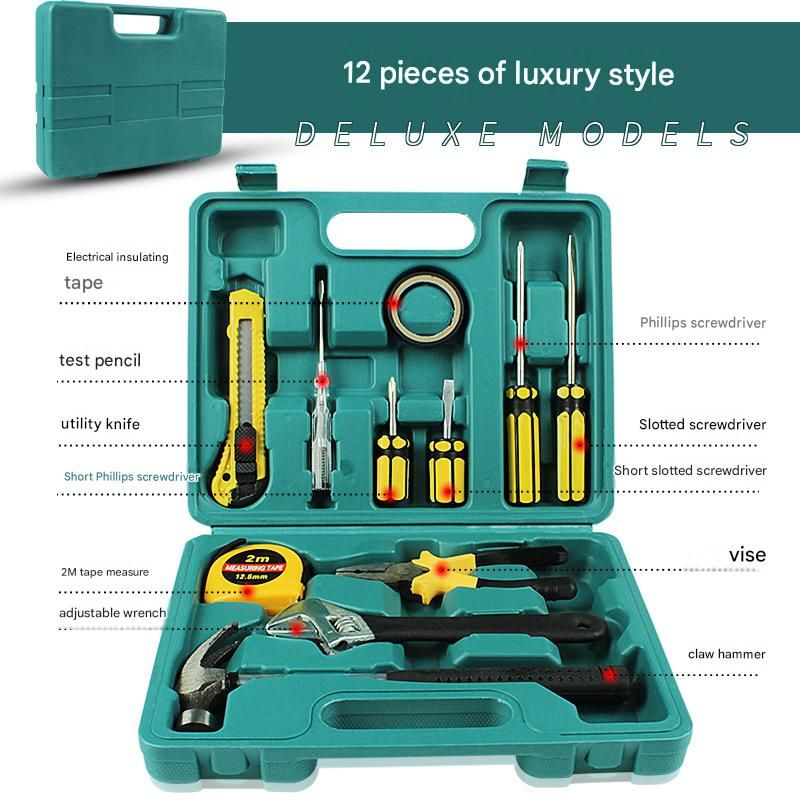 Green 12 Piece Set -Multi-Purpose Home & Car Tool Kit -  Durable Blow-Molded Case, Utility Knife, Tape Measure, Pliers, Hammer, Screwdrivers, Allen Keys - Compact Emergency Repair Set for DIY and Auto Maintenance