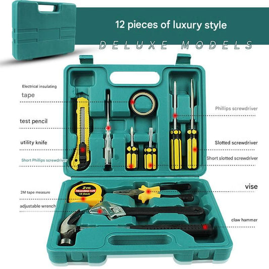 Green 12 Piece Set -Multi-Purpose Home & Car Tool Kit -  Durable Blow-Molded Case, Utility Knife, Tape Measure, Pliers, Hammer, Screwdrivers, Allen Keys - Compact Emergency Repair Set for DIY and Auto Maintenance