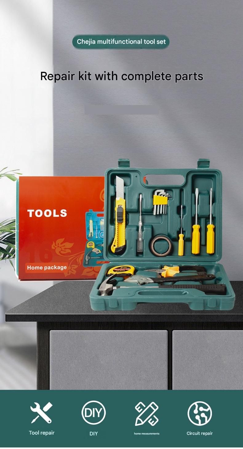 Green 12 Piece Set -Multi-Purpose Home & Car Tool Kit -  Durable Blow-Molded Case, Utility Knife, Tape Measure, Pliers, Hammer, Screwdrivers, Allen Keys - Compact Emergency Repair Set for DIY and Auto Maintenance