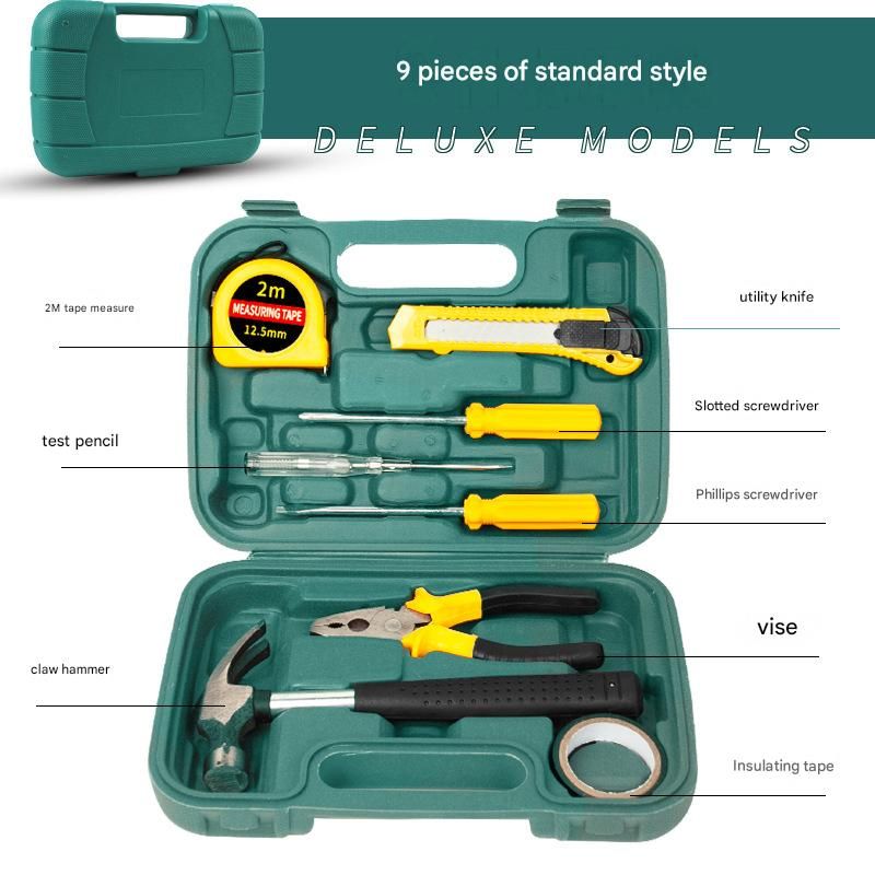 Green 9 Piece Set -Multi-Purpose Home & Car Tool Kit -  Durable Blow-Molded Case, Utility Knife, Tape Measure, Pliers, Hammer, Screwdrivers, Allen Keys - Compact Emergency Repair Set for DIY and Auto Maintenance