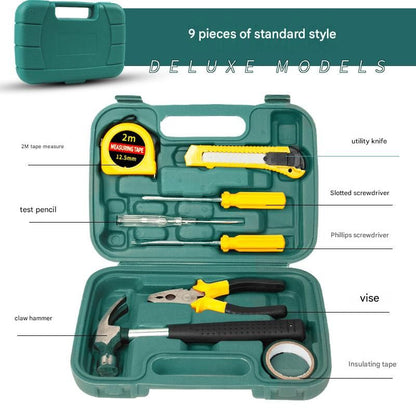 Green 9 Piece Set -Multi-Purpose Home & Car Tool Kit -  Durable Blow-Molded Case, Utility Knife, Tape Measure, Pliers, Hammer, Screwdrivers, Allen Keys - Compact Emergency Repair Set for DIY and Auto Maintenance