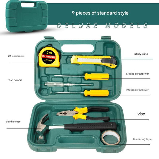 Green 9 Piece Set -Multi-Purpose Home & Car Tool Kit -  Durable Blow-Molded Case, Utility Knife, Tape Measure, Pliers, Hammer, Screwdrivers, Allen Keys - Compact Emergency Repair Set for DIY and Auto Maintenance