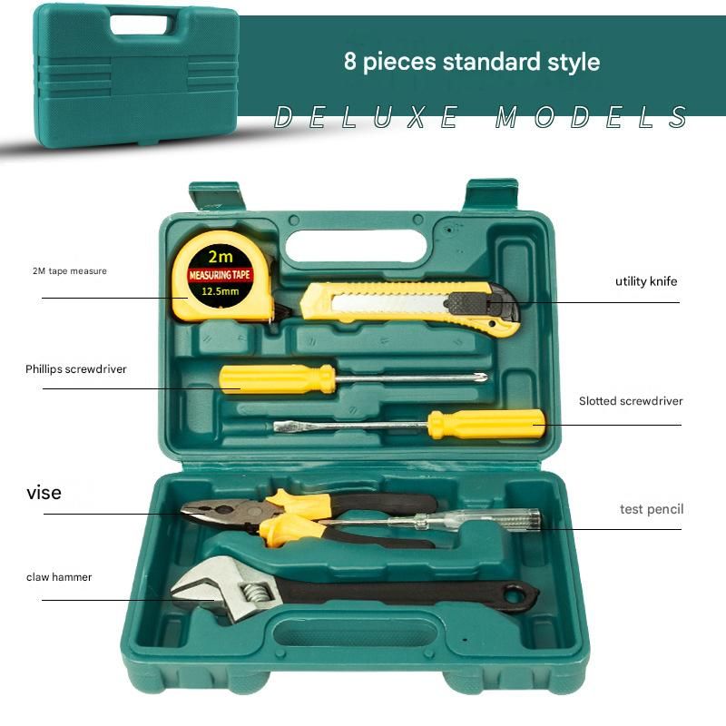 Green 8 Piece Set -Multi-Purpose Home & Car Tool Kit -  Durable Blow-Molded Case, Utility Knife, Tape Measure, Pliers, Hammer, Screwdrivers, Allen Keys - Compact Emergency Repair Set for DIY and Auto Maintenance