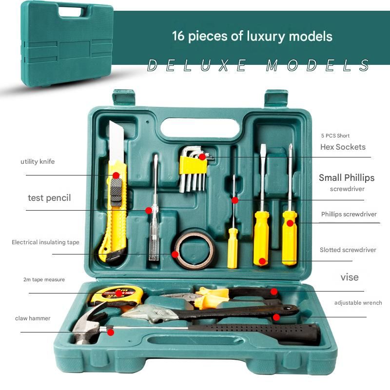 Green 16 Piece Set -Multi-Purpose Home & Car Tool Kit -  Durable Blow-Molded Case, Utility Knife, Tape Measure, Pliers, Hammer, Screwdrivers, Allen Keys - Compact Emergency Repair Set for DIY and Auto Maintenance