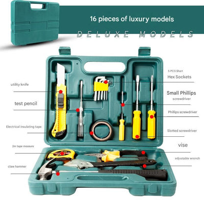 Green 16 Piece Set -Multi-Purpose Home & Car Tool Kit -  Durable Blow-Molded Case, Utility Knife, Tape Measure, Pliers, Hammer, Screwdrivers, Allen Keys - Compact Emergency Repair Set for DIY and Auto Maintenance
