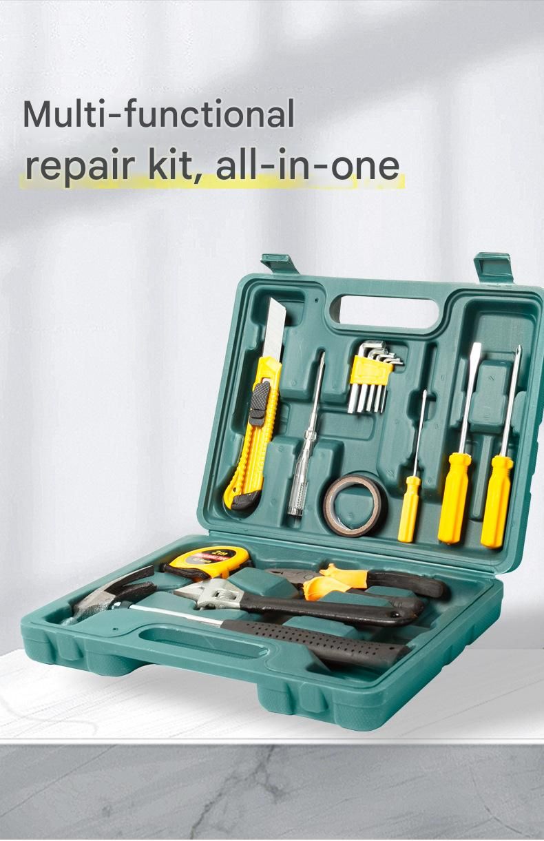 Green 16 Piece Set -Multi-Purpose Home & Car Tool Kit -  Durable Blow-Molded Case, Utility Knife, Tape Measure, Pliers, Hammer, Screwdrivers, Allen Keys - Compact Emergency Repair Set for DIY and Auto Maintenance
