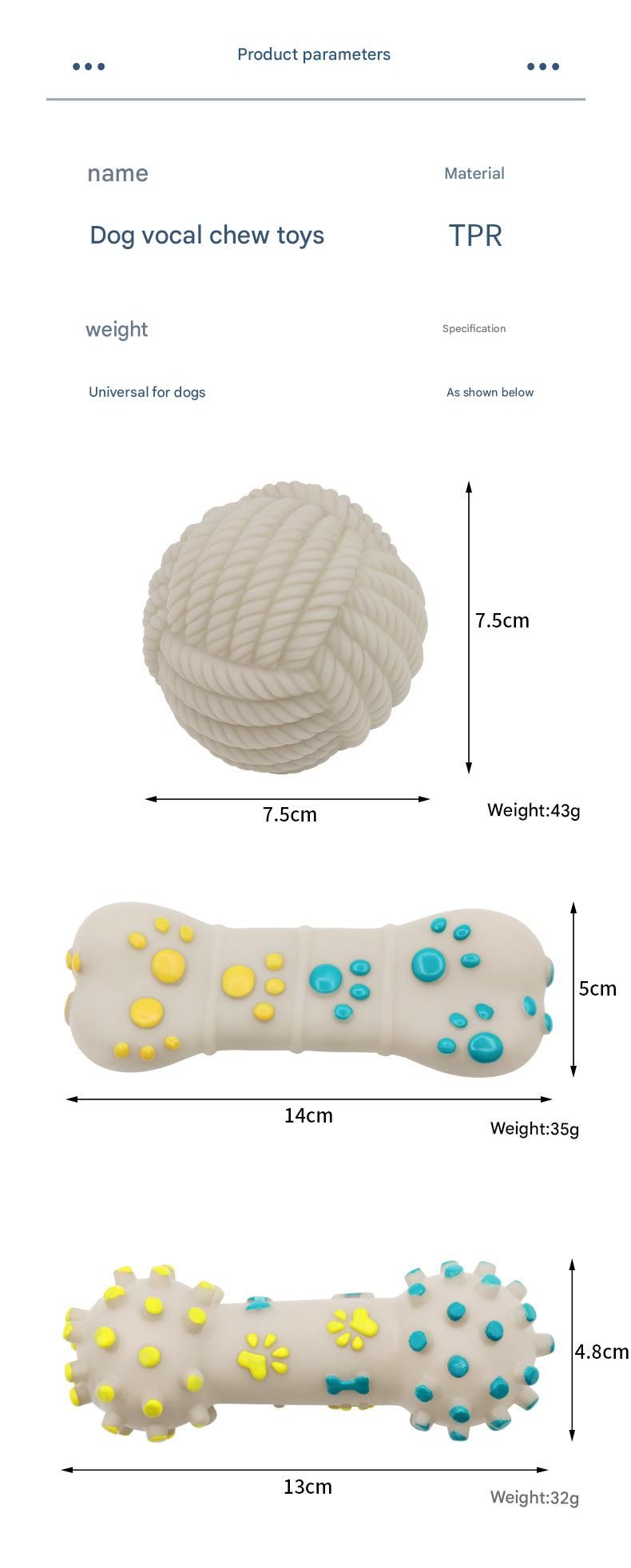 White Rope Ball Durable TPR Dog Chew Toys Set -  for Teeth Cleaning - Non-Toxic, Bite-Resistant, Easy Clean - Interactive Play for Medium to Large Dogs