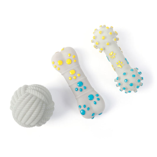 3-piece Yellow and Blue Squeaky Bone Spiked ring barbell White Rope Ball Durable TPR Dog Chew Toys Set -  for Teeth Cleaning - Non-Toxic, Bite-Resistant, Easy Clean - Interactive Play for Medium to Large Dogs