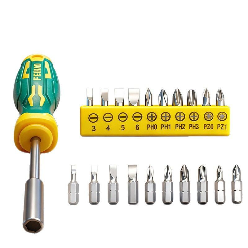 Green and Yellow 11-Piece Magnetic Screwdriver Bit Set - Chrome Vanadium Steel Bits, Ergonomic Handle, 7mm Hex Shank - Multi-Purpose DIY Tool Kit for Home, Auto Repair, Electronics