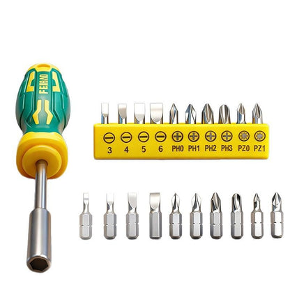 Green and Yellow 11-Piece Magnetic Screwdriver Bit Set - Chrome Vanadium Steel Bits, Ergonomic Handle, 7mm Hex Shank - Multi-Purpose DIY Tool Kit for Home, Auto Repair, Electronics