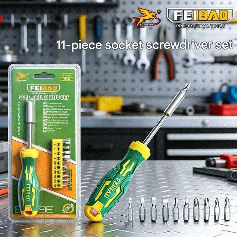 Green and Yellow 11-Piece Magnetic Screwdriver Bit Set - Chrome Vanadium Steel Bits, Ergonomic Handle, 7mm Hex Shank - Multi-Purpose DIY Tool Kit for Home, Auto Repair, Electronics