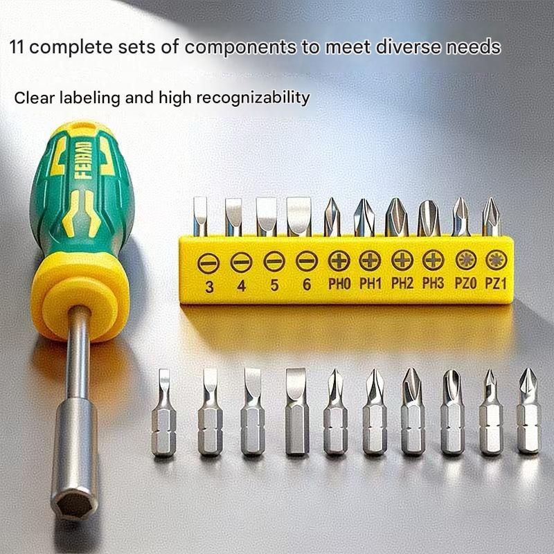 Green and Yellow 11-Piece Magnetic Screwdriver Bit Set - Chrome Vanadium Steel Bits, Ergonomic Handle, 7mm Hex Shank - Multi-Purpose DIY Tool Kit for Home, Auto Repair, Electronics