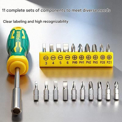 Green and Yellow 11-Piece Magnetic Screwdriver Bit Set - Chrome Vanadium Steel Bits, Ergonomic Handle, 7mm Hex Shank - Multi-Purpose DIY Tool Kit for Home, Auto Repair, Electronics