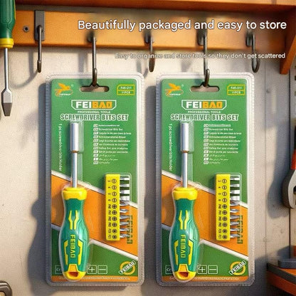 Green and Yellow 11-Piece Magnetic Screwdriver Bit Set - Chrome Vanadium Steel Bits, Ergonomic Handle, 7mm Hex Shank - Multi-Purpose DIY Tool Kit for Home, Auto Repair, Electronics