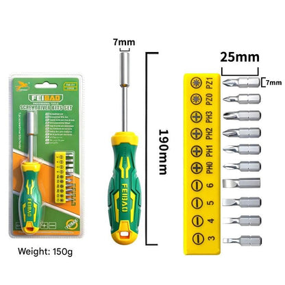 Green and Yellow 11-Piece Magnetic Screwdriver Bit Set - Chrome Vanadium Steel Bits, Ergonomic Handle, 7mm Hex Shank - Multi-Purpose DIY Tool Kit for Home, Auto Repair, Electronics