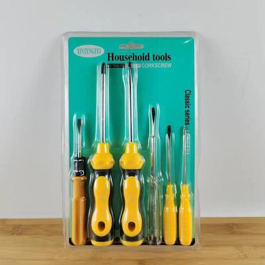 Yellow 6-Piece Household Screwdriver Set – Carbon Steel Tips, Plastic Shafts, Includes Voltage Tester – Durable & Ergonomic DIY Repair Kit for Home Use