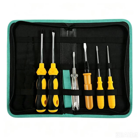 7-Piece Household Screwdriver Set — Includes a 6-Piece Yellow Screwdriver Set and a Medium-Sized Black Multi-functional Canvas Tool Bag. Features Carbon Steel Tips, Plastic Handles, and an Integrated Voltage Tester. The Tool Bag is Constructed from Durabl