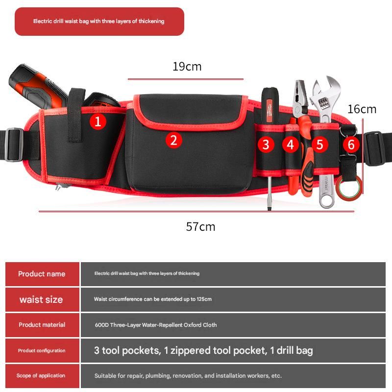 Red Professional Oxford Cloth Tool Waist Bag –Tool Belt, Multifunctional Work Belt, Men's Robust, Adjustable Tool Belt - Heavy-Duty 600D Waterproof for Electricians, Mechanics & Construction Workers