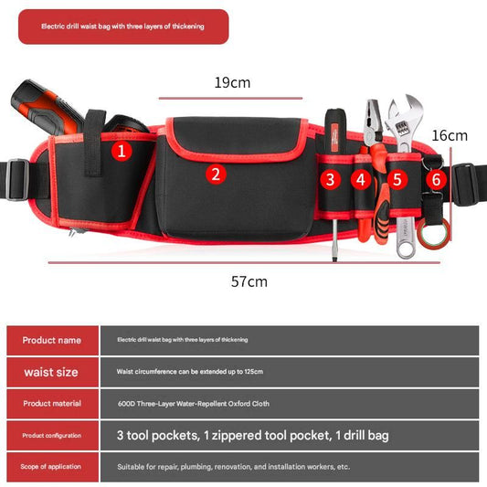 Red Professional Oxford Cloth Tool Waist Bag –Tool Belt, Multifunctional Work Belt, Men's Robust, Adjustable Tool Belt - Heavy-Duty 600D Waterproof for Electricians, Mechanics & Construction Workers