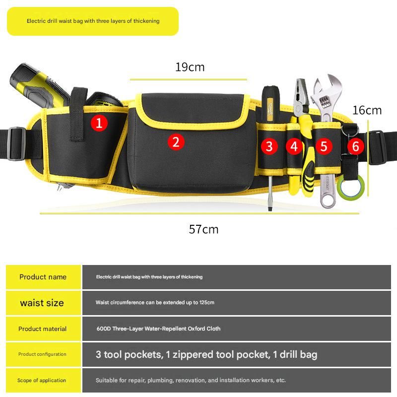 Yellow Professional Oxford Cloth Tool Waist Bag –Tool Belt, Multifunctional Work Belt, Men's Robust, Adjustable Tool Belt - Heavy-Duty 600D Waterproof for Electricians, Mechanics & Construction Workers
