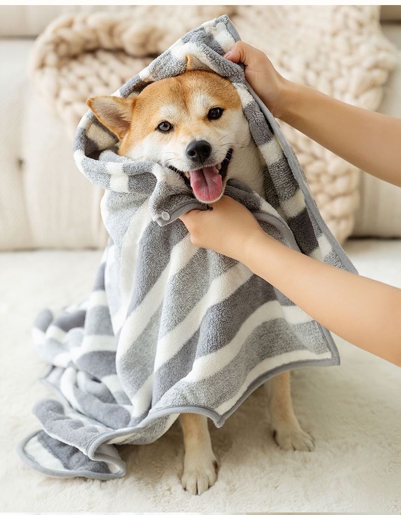 Grey and White XS Size Super Absorbent Dog Bathrobe – Quick-Dry Coral Fleece Pet Towel with Snaps & Adjustable Belly Strap | Wearable Drying Coat for Small Medium Large Dogs & Cats After Bath, Swim, Rain