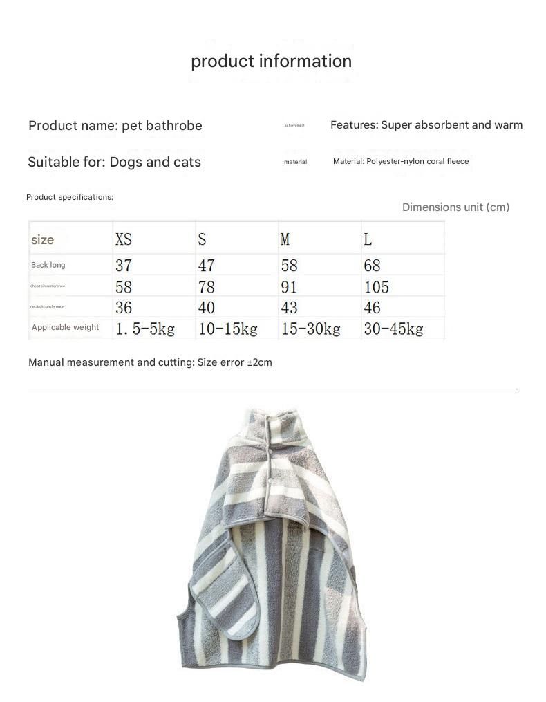 Grey and White S Size Super Absorbent Dog Bathrobe – Quick-Dry Coral Fleece Pet Towel with Snaps & Adjustable Belly Strap | Wearable Drying Coat for Small Medium Large Dogs & Cats After Bath, Swim, Rain