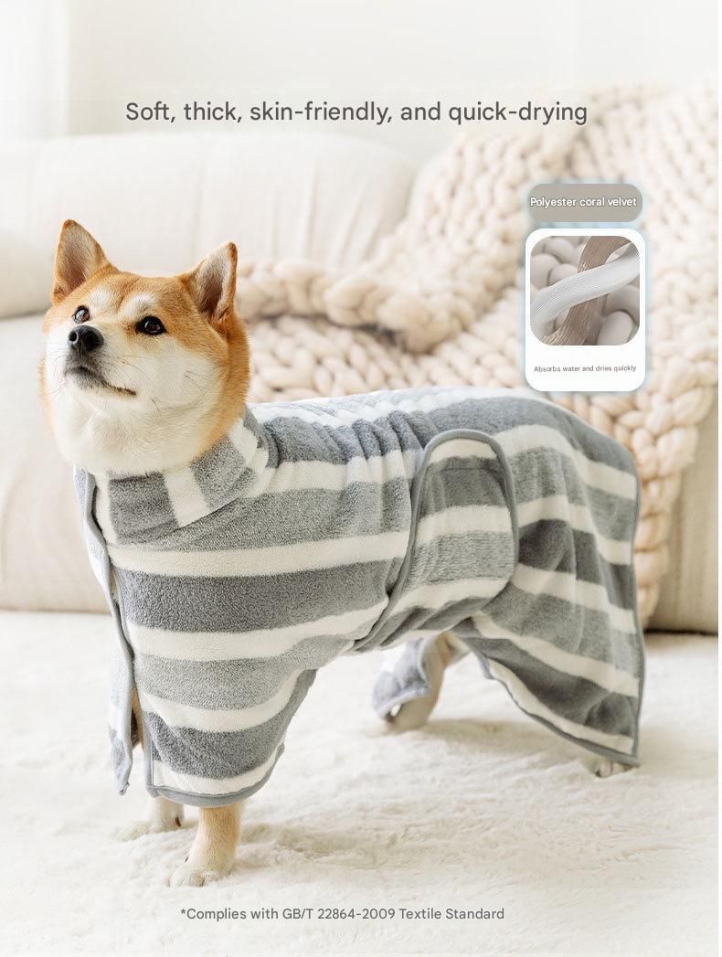 Grey and White M Size Super Absorbent Dog Bathrobe – Quick-Dry Coral Fleece Pet Towel with Snaps & Adjustable Belly Strap | Wearable Drying Coat for Small Medium Large Dogs & Cats After Bath, Swim, Rain