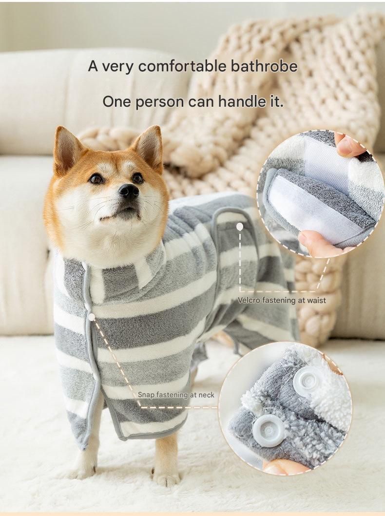 Grey and White M Size Super Absorbent Dog Bathrobe – Quick-Dry Coral Fleece Pet Towel with Snaps & Adjustable Belly Strap | Wearable Drying Coat for Small Medium Large Dogs & Cats After Bath, Swim, Rain