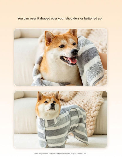 Grey and White L Size Super Absorbent Dog Bathrobe – Quick-Dry Coral Fleece Pet Towel with Snaps & Adjustable Belly Strap | Wearable Drying Coat for Small Medium Large Dogs & Cats After Bath, Swim, Rain