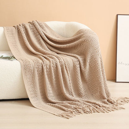 Khaki Elegant Openwork Knitted Throw Blanket with Tassels - 130x230cm Large Decorative Soft Sofa Blanket for Living Room & Bedroom - Breathable Cozy Cover for Travel & Office Nap