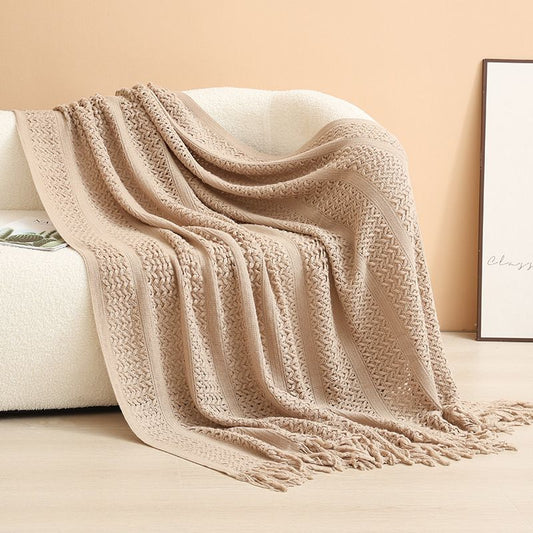 Khaki Elegant Openwork Knitted Throw Blanket with Tassels - 130x230cm Large Decorative Soft Sofa Blanket for Living Room & Bedroom - Breathable Cozy Cover for Travel & Office Nap