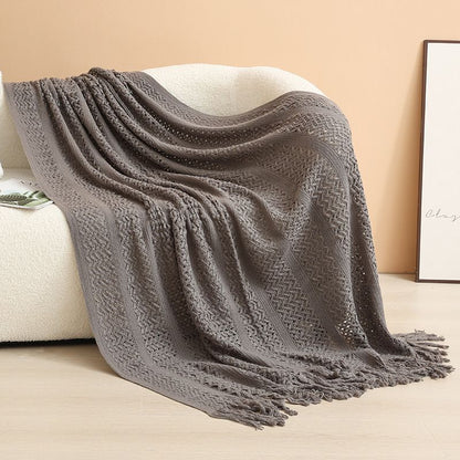 Dark grey Elegant Openwork Knitted Throw Blanket with Tassels - 130x230cm Large Decorative Soft Sofa Blanket for Living Room & Bedroom - Breathable Cozy Cover for Travel & Office Nap