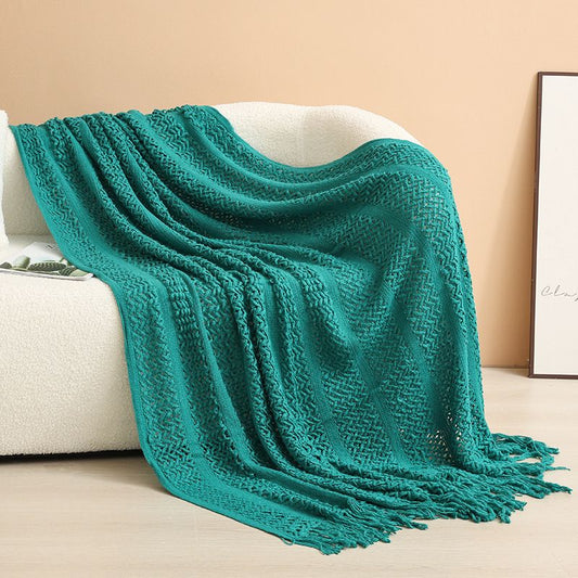Dark green Elegant Openwork Knitted Throw Blanket with Tassels - 130x230cm Large Decorative Soft Sofa Blanket for Living Room & Bedroom - Breathable Cozy Cover for Travel & Office Nap