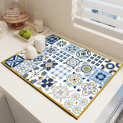 Diatom Mud Kitchen Counter Mat - Quick Dry Absorbent Non-Slip Draining Pad for Sink Benchtop 50cm x 80cm(Watching the ice flowers in winter)