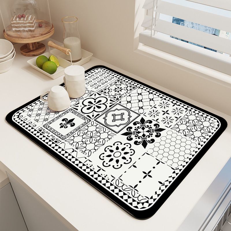 Diatom Mud Kitchen Counter Mat - Quick Dry Absorbent Non-Slip Draining Pad for Sink Benchtop 50cm x 80cm(Black and White Iris)