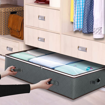 Black Under Bed Storage Bag - Foldable Underbed Organiser with Clear Window and Handles for Blankets Clothes