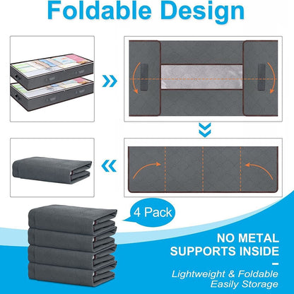Black Under Bed Storage Bag - Foldable Underbed Organiser with Clear Window and Handles for Blankets Clothes
