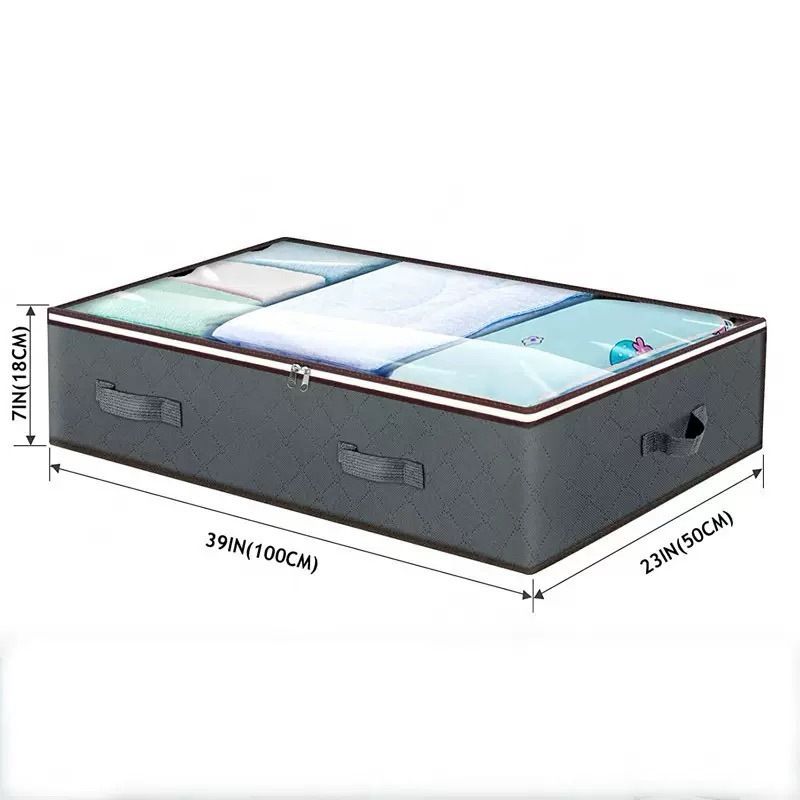 Grey Under Bed Storage Bag - Foldable Underbed Organiser with Clear Window and Handles for Blankets Clothes