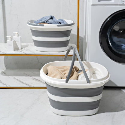 Grey Foldable Collapsible Bucket - 16L Portable Space Saving Basin for Laundry Cleaning Outdoor Use