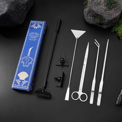 Silver Stainless Steel Aquarium Cleaning Tool Kit - 5 Piece Fish Tank Maintenance Set with Tweezers Scissors Algae Scraper Spatula