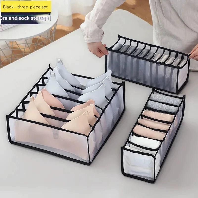 Black Drawer Underwear Organiser Set - 3 Piece Mesh Storage Boxes for Bras Underwear Socks