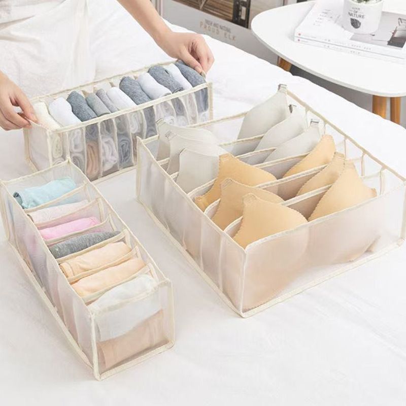 Beige Drawer Underwear Organiser Set - 3 Piece Mesh Storage Boxes for Bras Underwear Socks