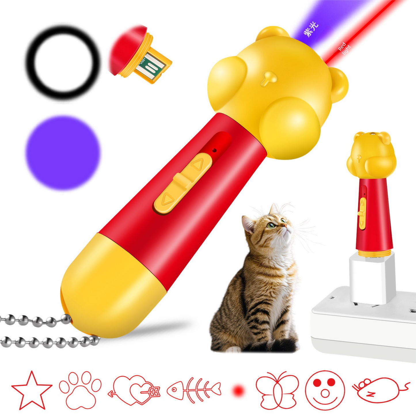 Pink Bear Laser Cat Toy Set - 2 Piece USB Rechargeable Multi Pattern Laser Pointer with UV and White Light for Cats